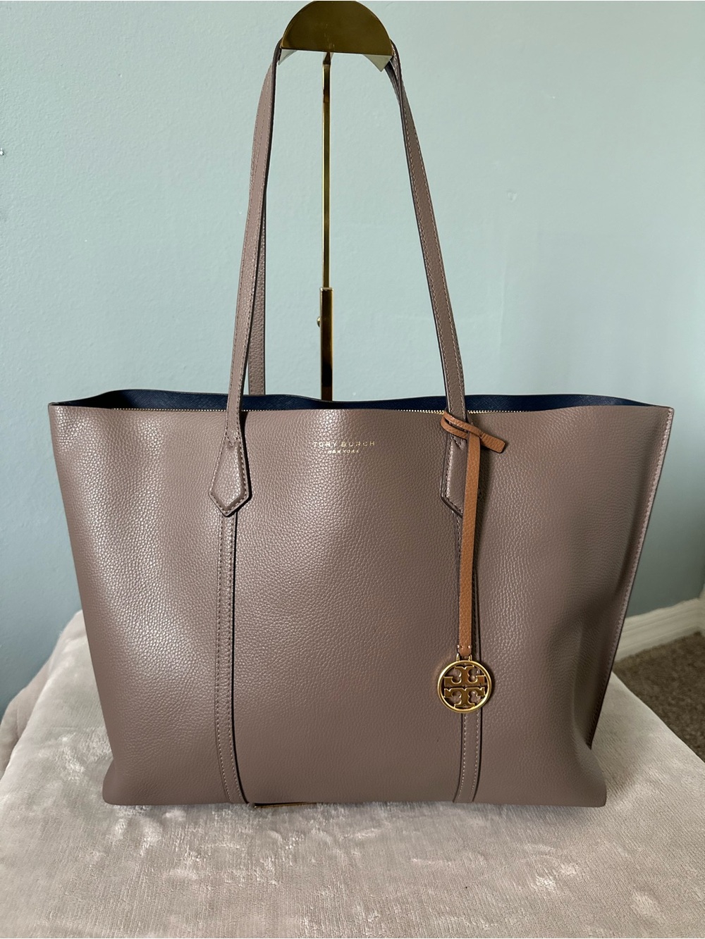 Tory Burch Taupe Pebbled Leather Tote with Navy Interior
